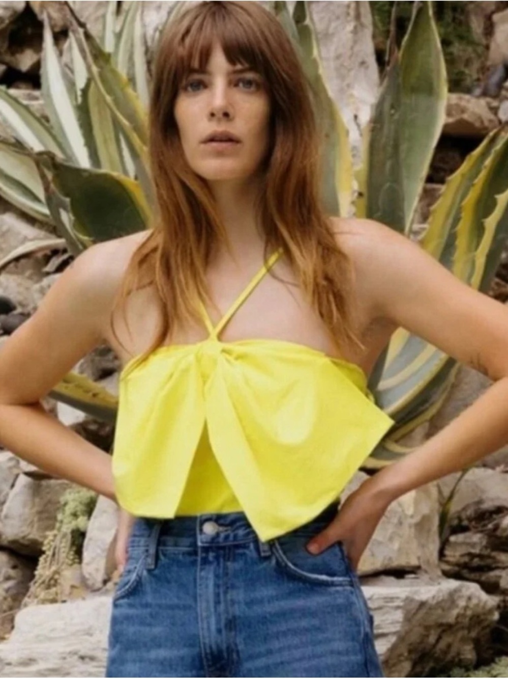 Zara Yellow Bow Front Cross Strap Bodysuit Size S NWOT - Picture 1 of 5